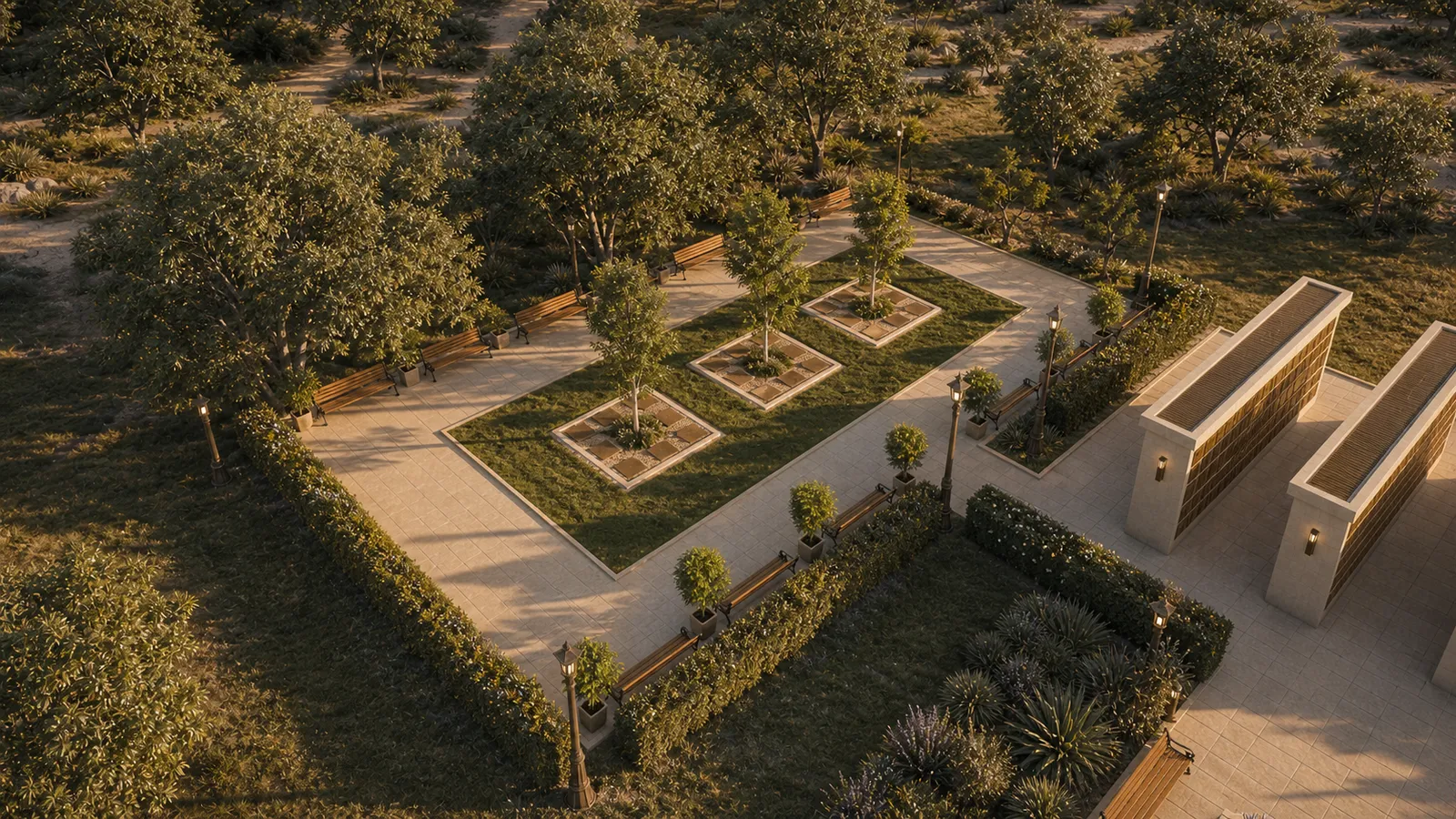 Vista aérea de los módulos de El Claro integrados en el jardín de Almora