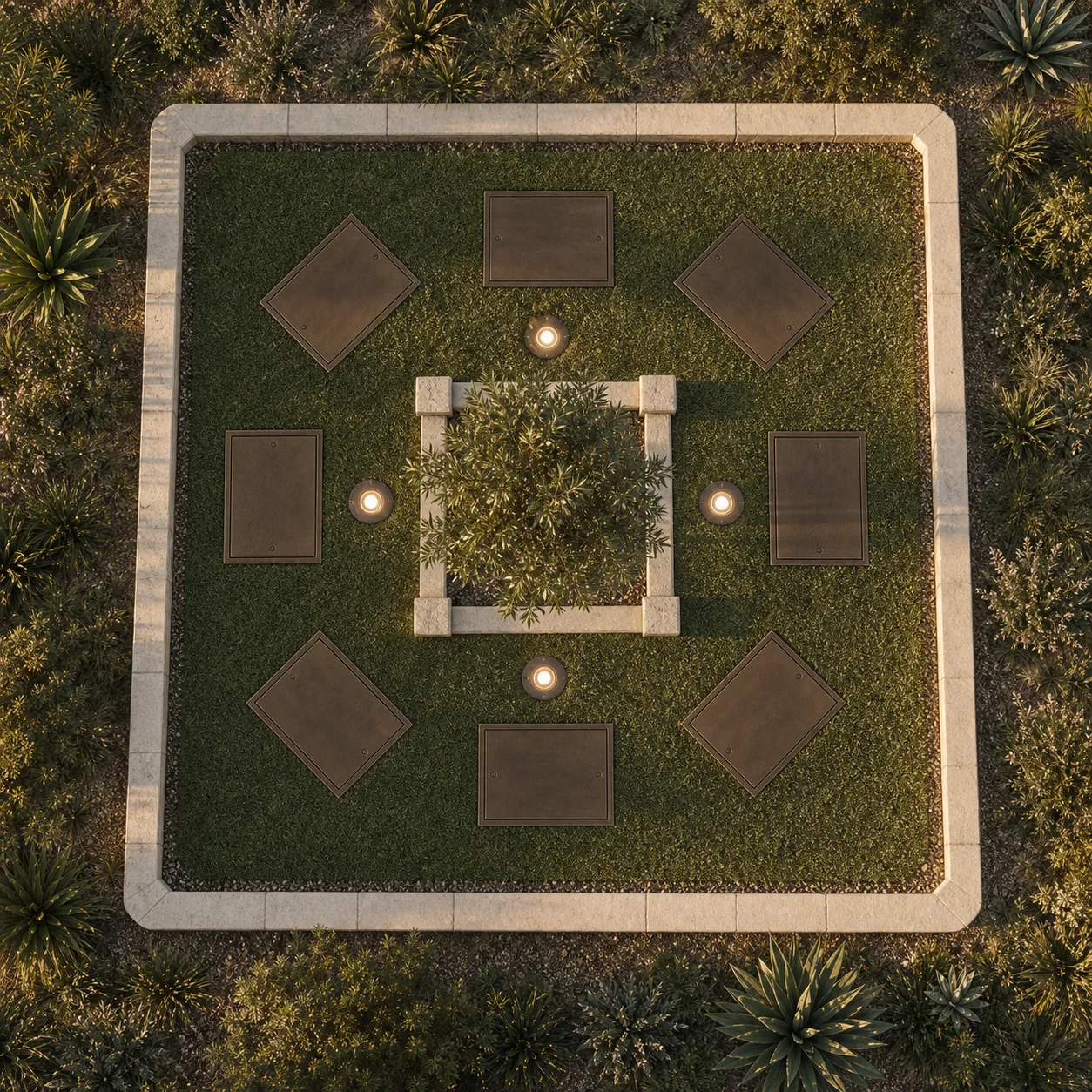 Vista cenital de un módulo de ocho nichos integrados en el jardín