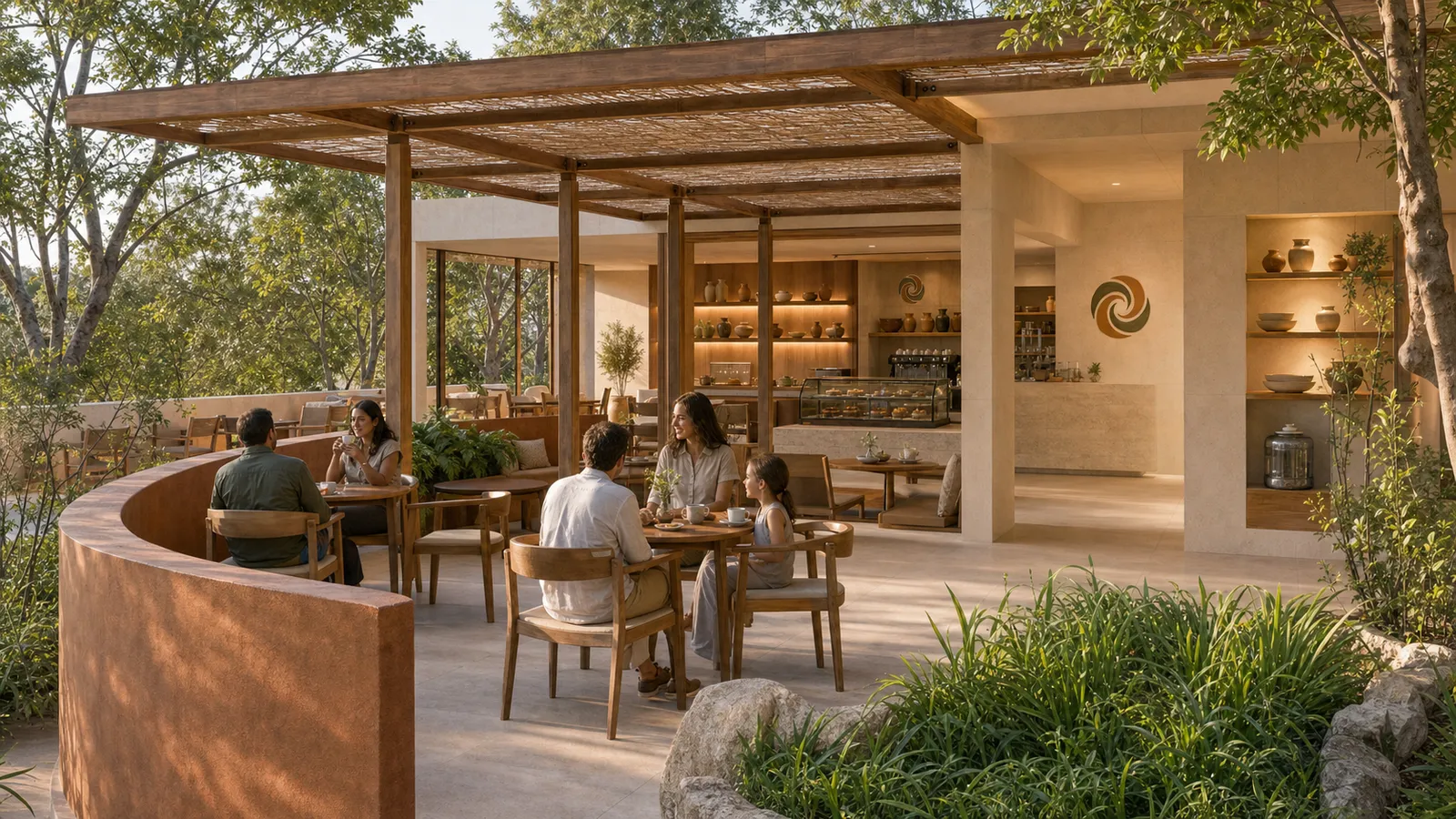 El Patio: cafetería y terraza bajo pérgola, con familias sentadas