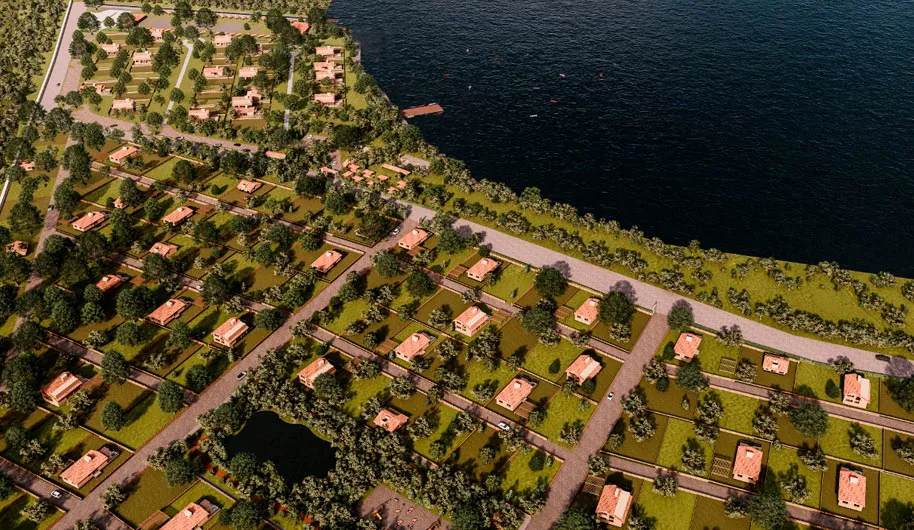 Vista aérea conceptual de La Rivera de Cajititlán junto a la laguna